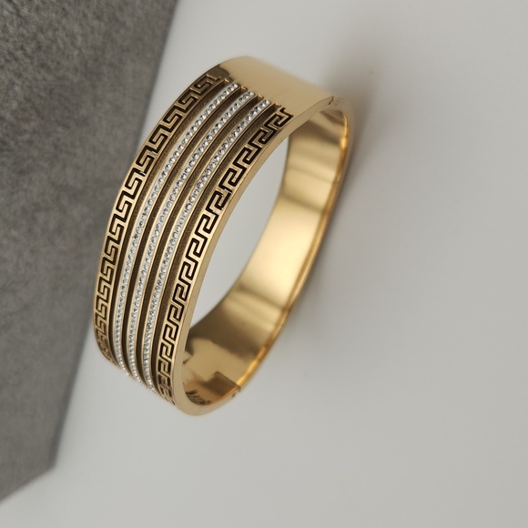 18K Gold Plated Greek Key & Zircon Bangle – Waterproof, Tarnish-Proof - Picture 3 of 8